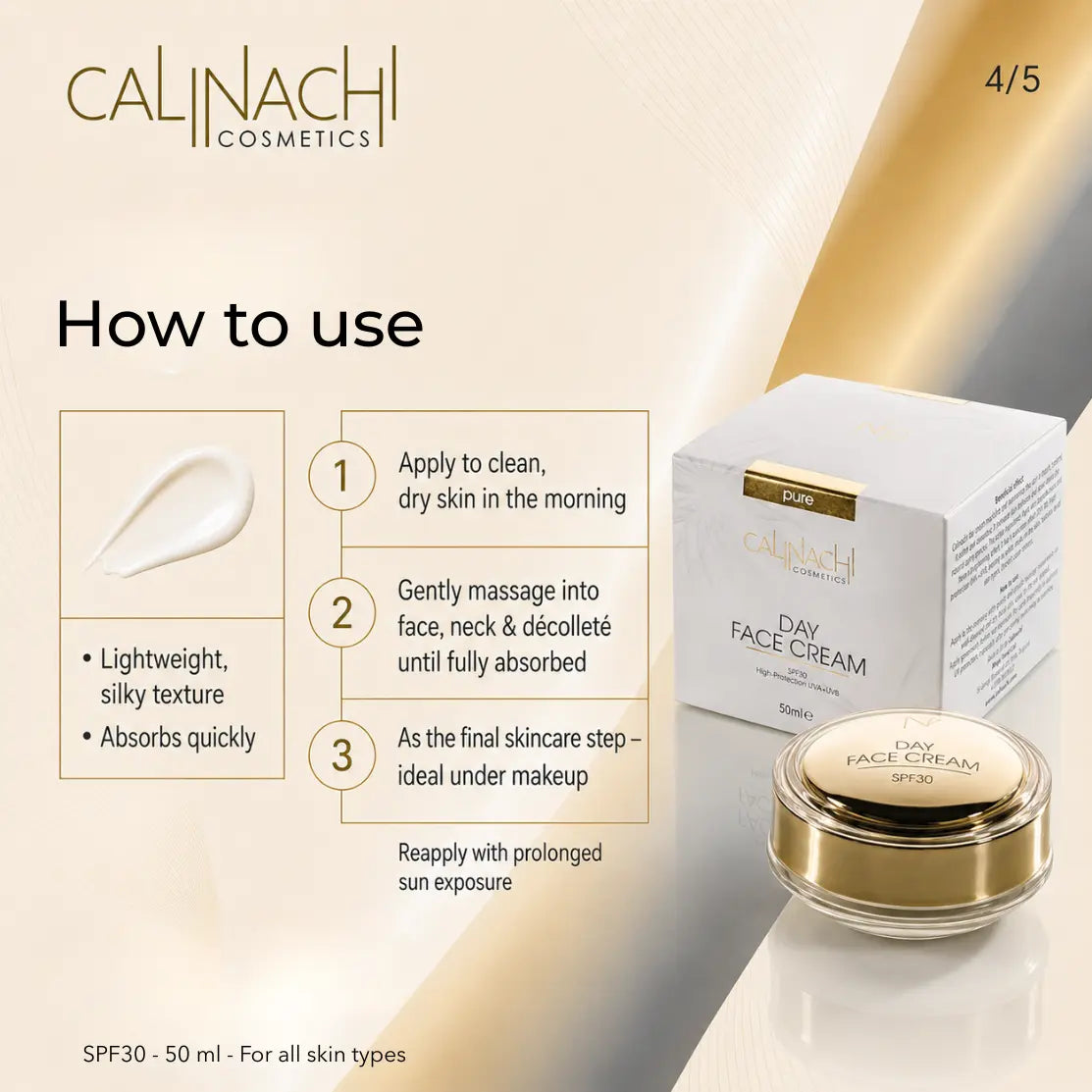 Hydrating Day Cream for Face, Neck, and Décolletage, SPF30, 50ml. skincare CALINACHI Cosmetics